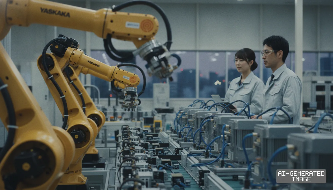 Two engineers observe yellow industrial robotic arms operating on an automated assembly line inside a manufacturing plant. (AI-generated image)