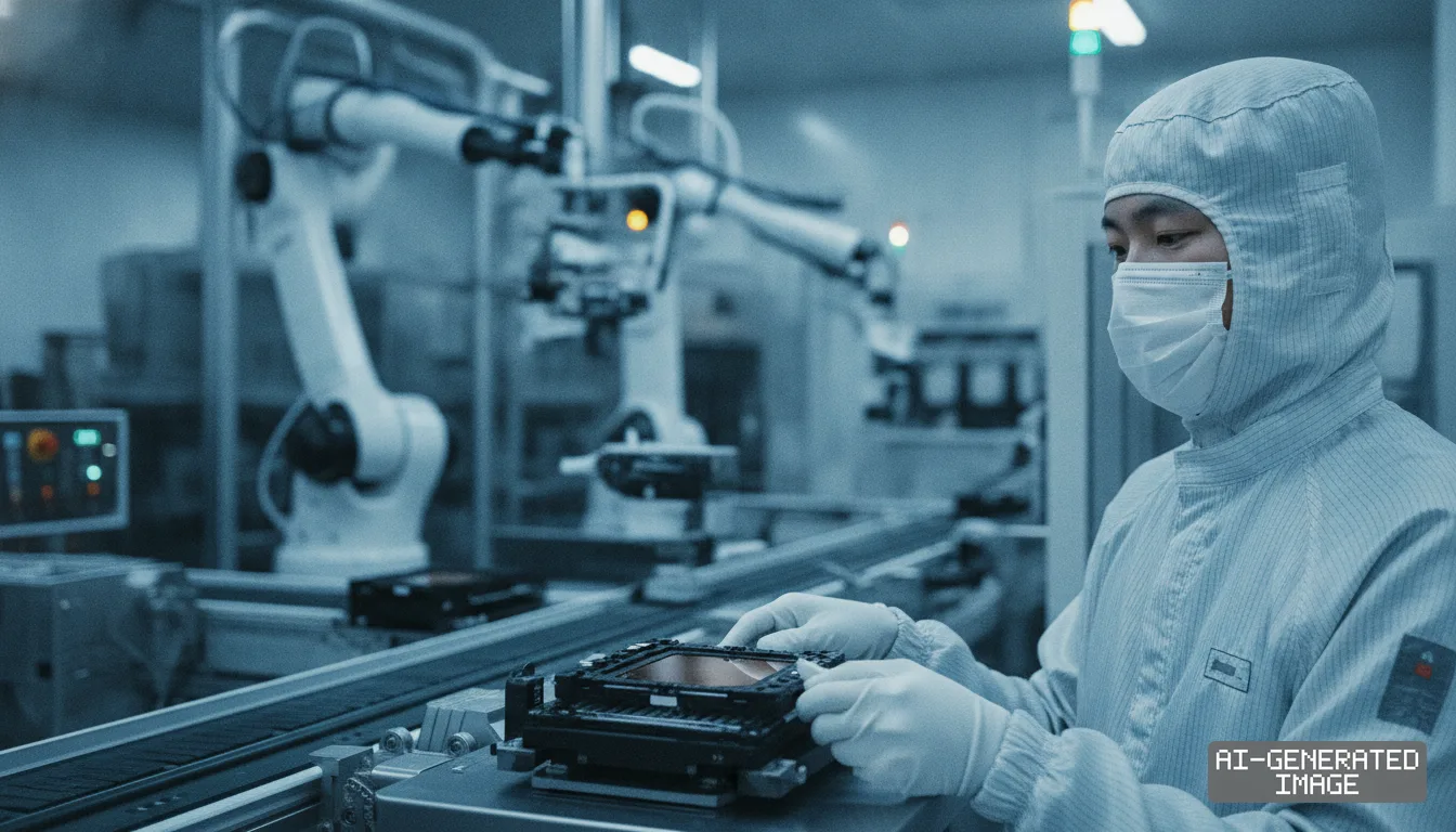 A worker wearing protective cleanroom gear handles equipment on an automated semiconductor production line with robotic arms. (AI-generated image)