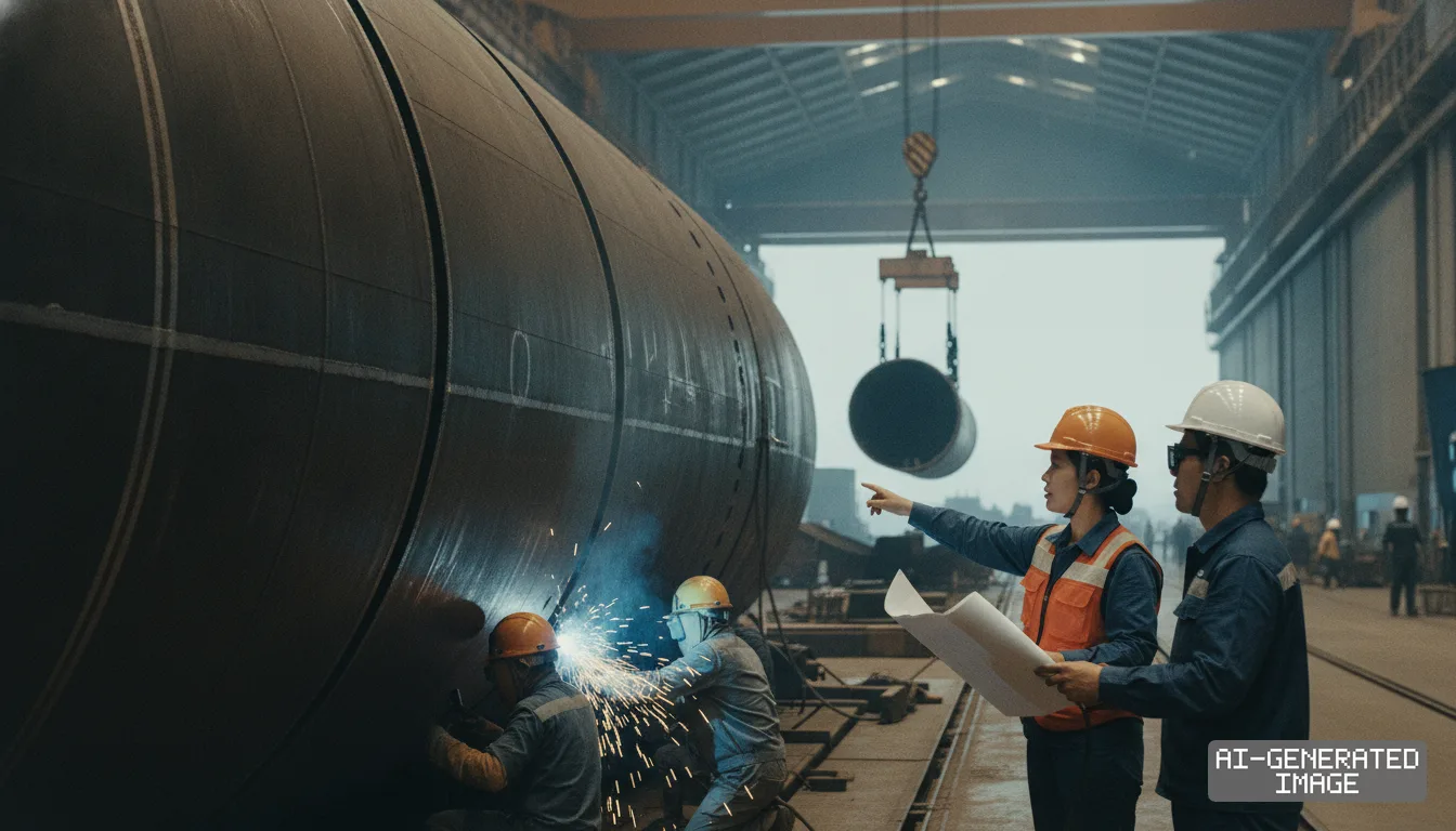 Engineers review blueprints as welders work on a large cylindrical submarine hull section inside a shipyard facility. (AI-generated image)