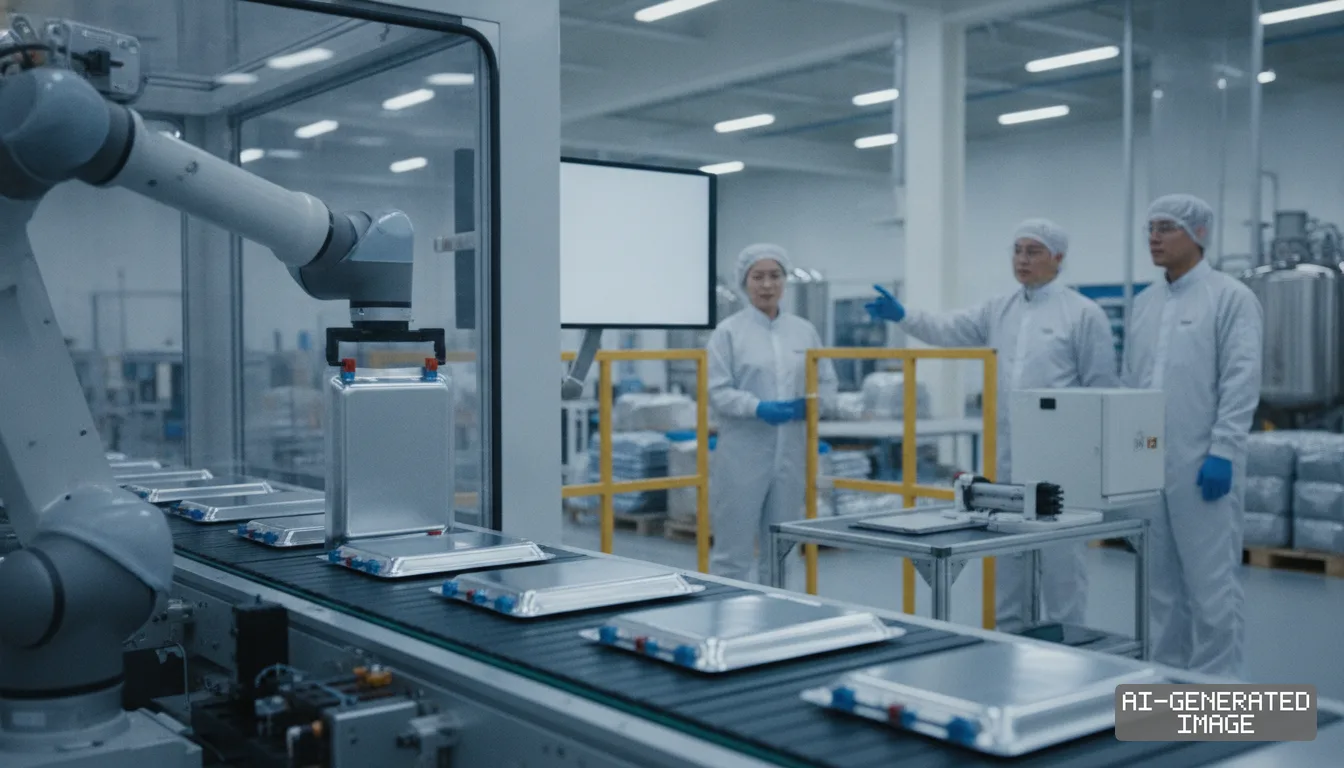 A robotic arm moves battery cells along an assembly line as technicians in protective suits observe inside a manufacturing facility. (AI-generated image)