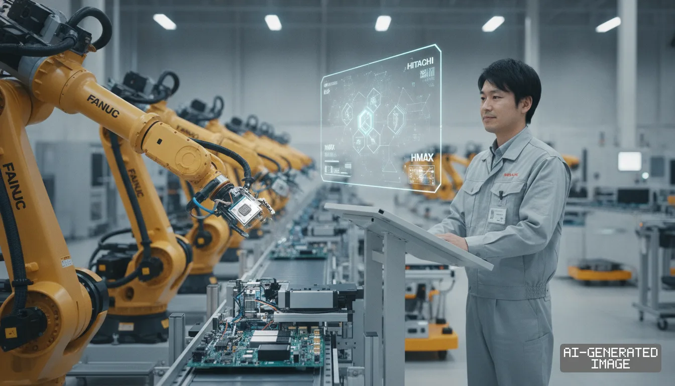 A technician monitors Fanuc robotic arms assembling circuit boards alongside a digital interface displaying Hitachi and HMAX data. (AI-generated image)
