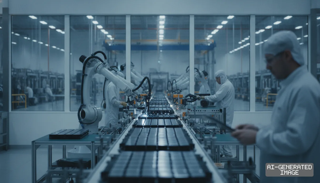 Technicians in cleanroom suits monitor robotic arms operating along an automated battery production line. (AI-generated image)