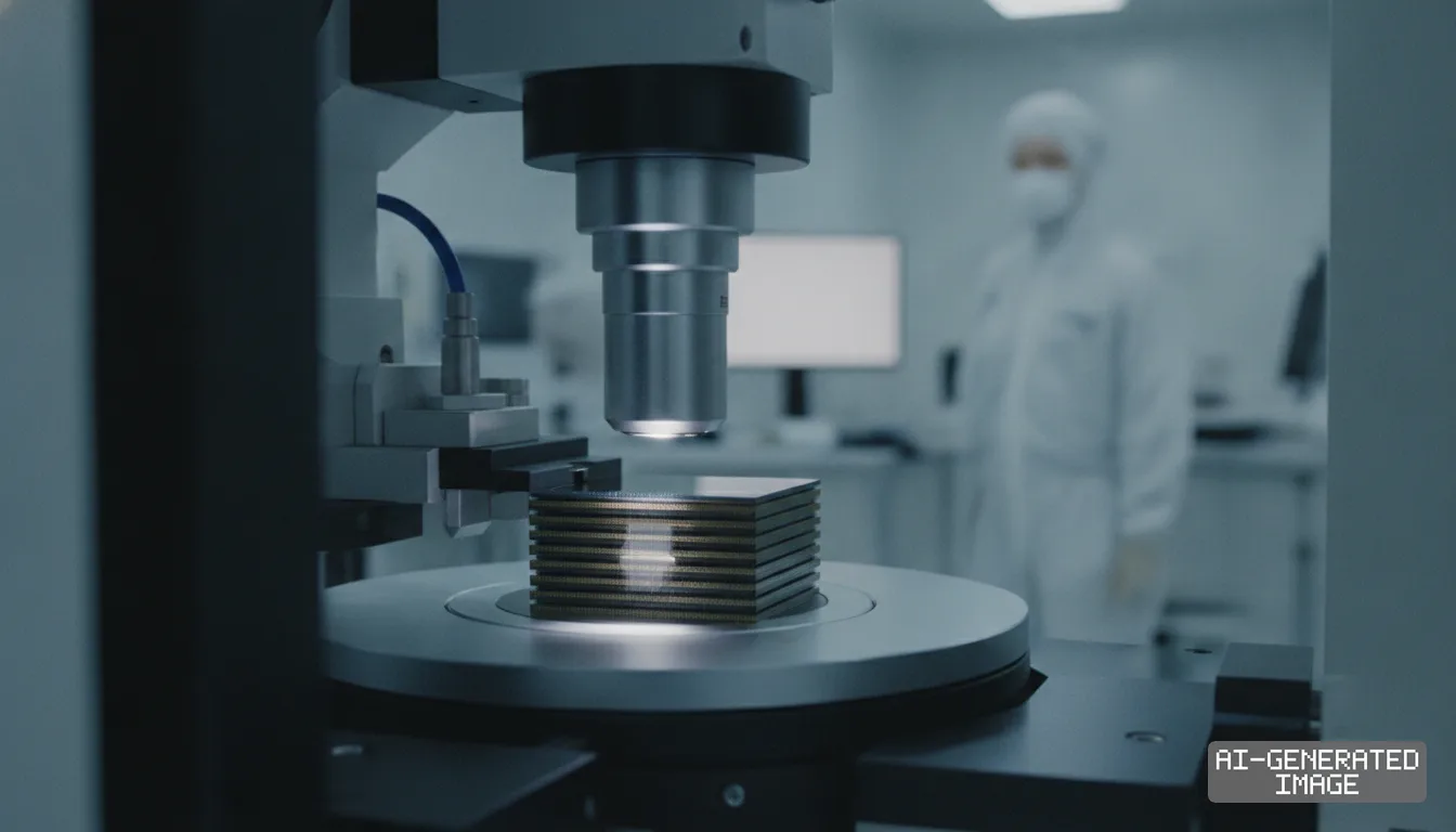An optical inspection system examines a stacked semiconductor chip on a stage inside a cleanroom while a technician stands in the background. (AI-generated image)