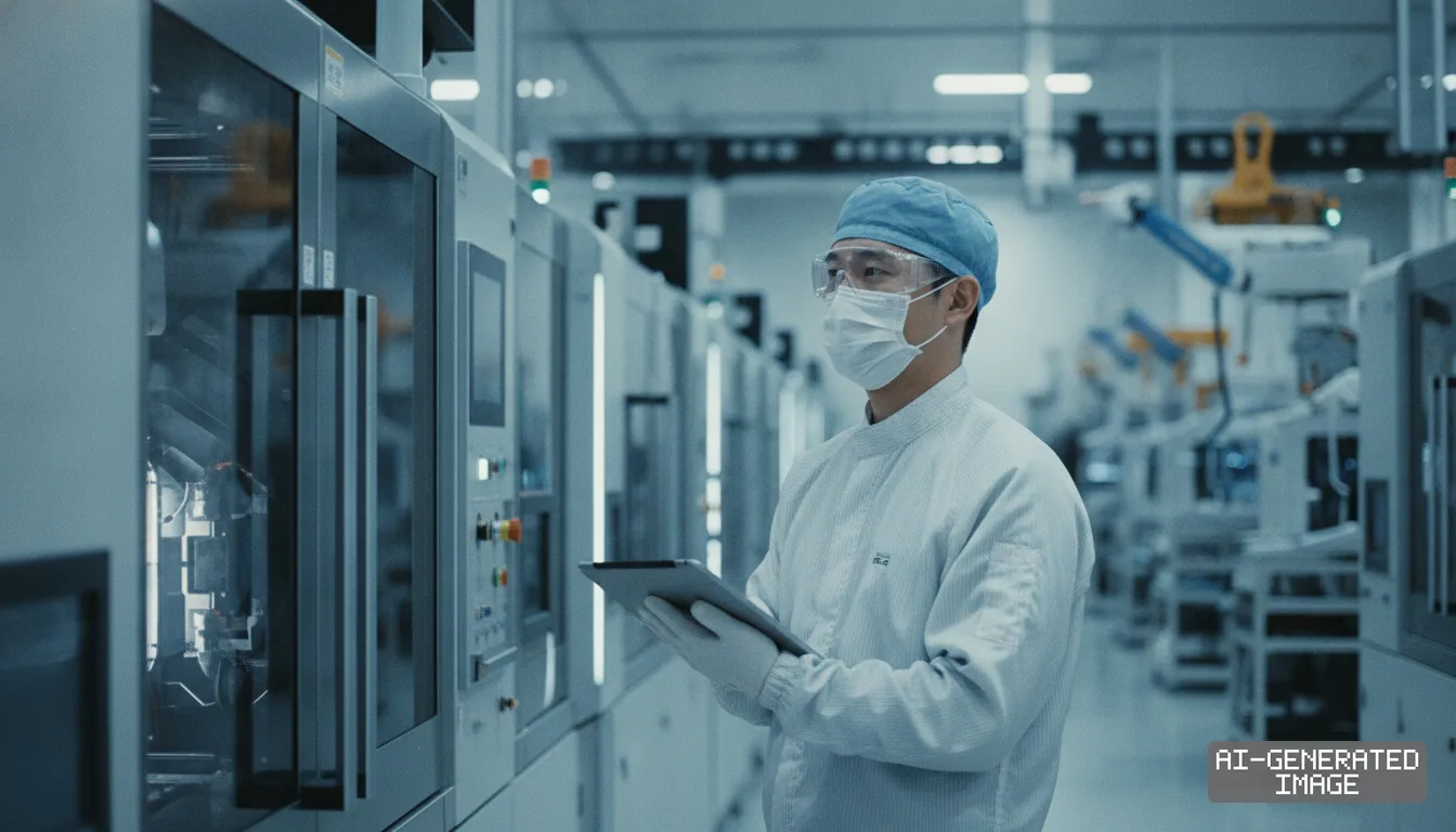 A worker in protective gear holds a tablet while inspecting machinery inside a semiconductor fabrication plant. (AI-generated image)