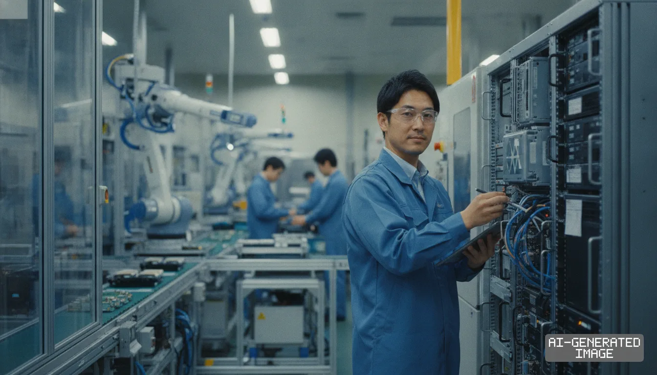 An engineer inspects industrial computer equipment beside an automated manufacturing line equipped with robotic arms. (AI-generated image)