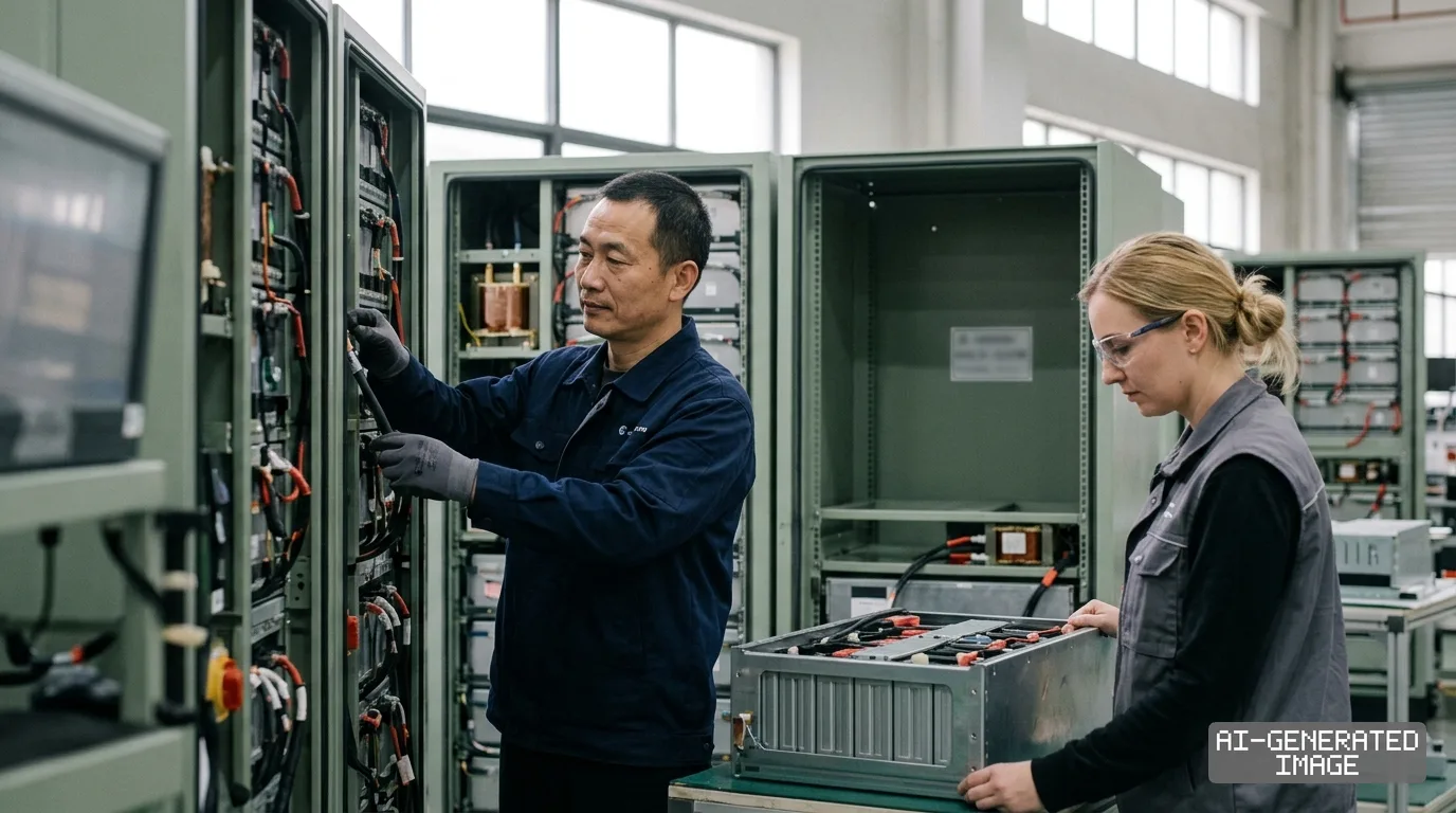 Technicians assemble battery modules and electrical storage cabinets inside a manufacturing facility. (AI-generated image)