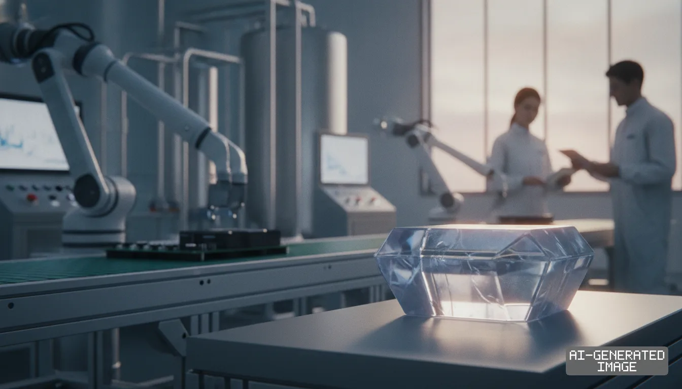 A faceted mineral block rests in the foreground as robotic arms and technicians operate inside a modern industrial facility. (AI-generated image)