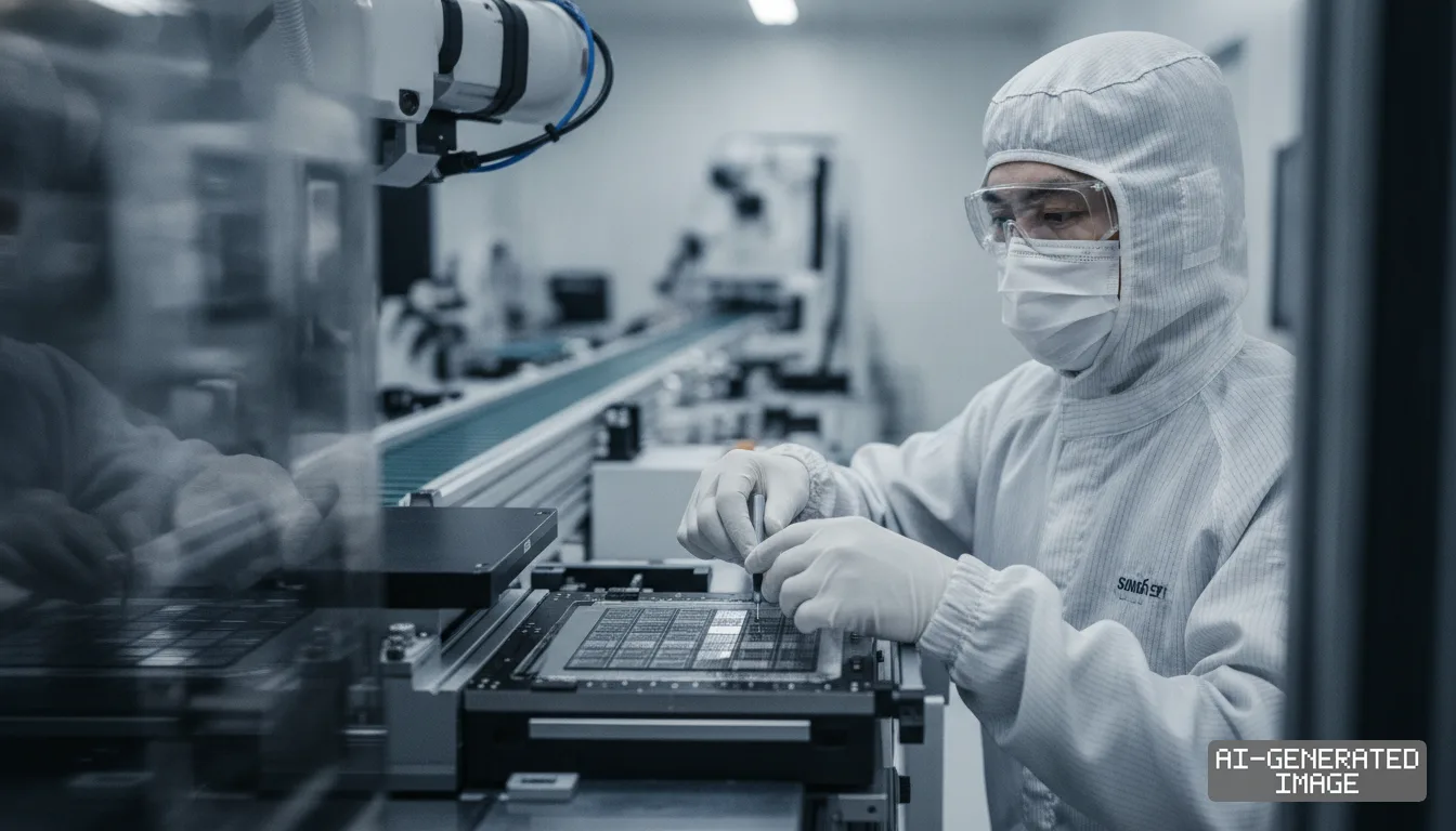 A technician in cleanroom attire inspects semiconductor memory chips using a precision tool in a manufacturing facility. (AI-generated image)