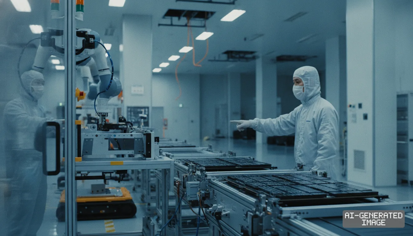 A technician in cleanroom attire gestures toward a robotic arm along an automated semiconductor packaging line at Shinko Electric. (AI-generated image)
