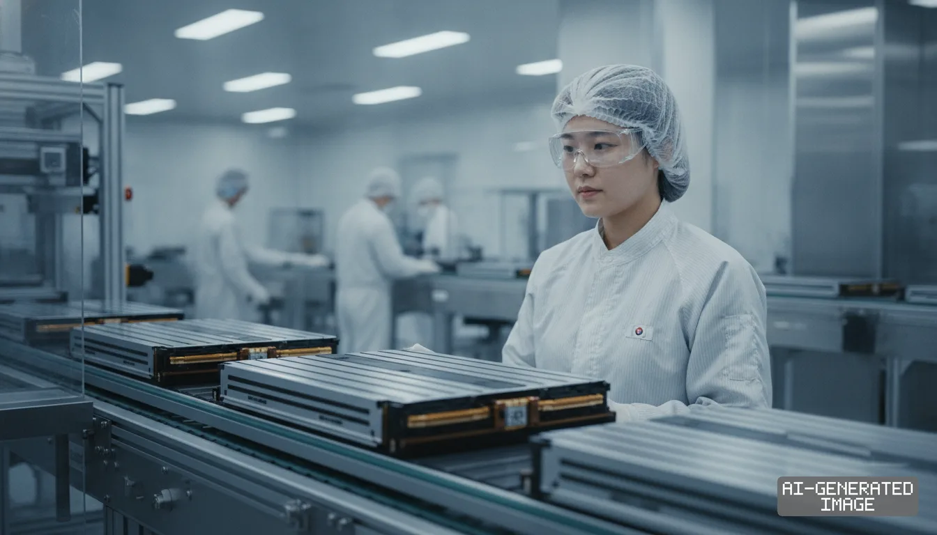 A worker in protective gear monitors battery modules moving along an assembly line inside a manufacturing plant. (AI-generated image)