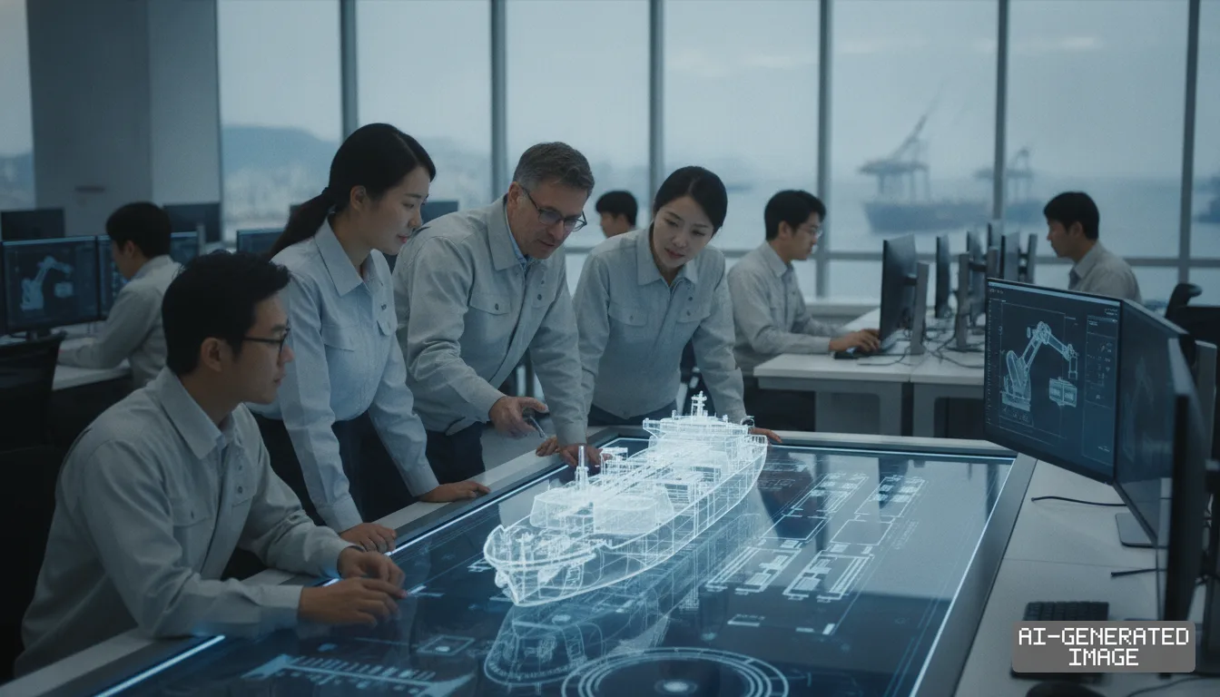 Engineers examine a digital three-dimensional vessel model on an interactive table inside the joint engineering center in Busan. (AI-generated image)