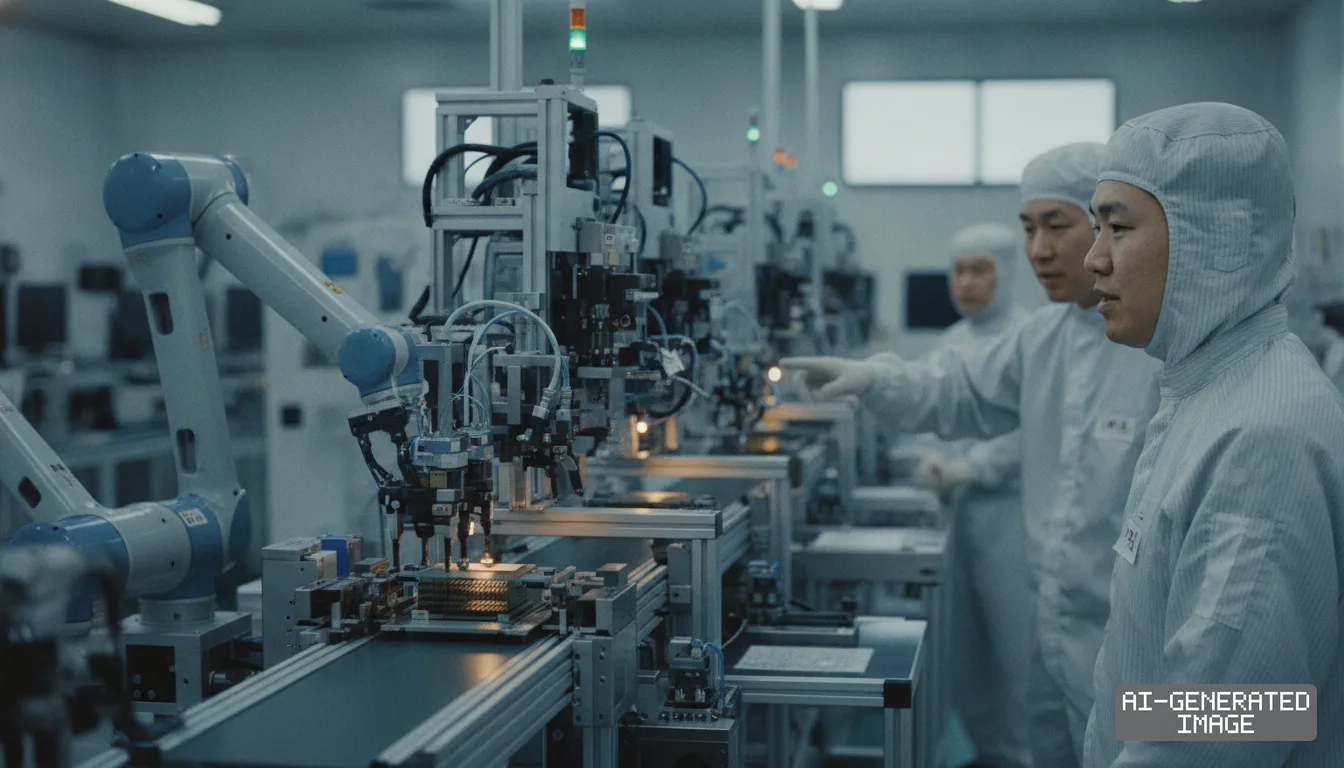 Technicians in cleanroom suits monitor robotic machinery along a semiconductor packaging line. (AI-generated image)