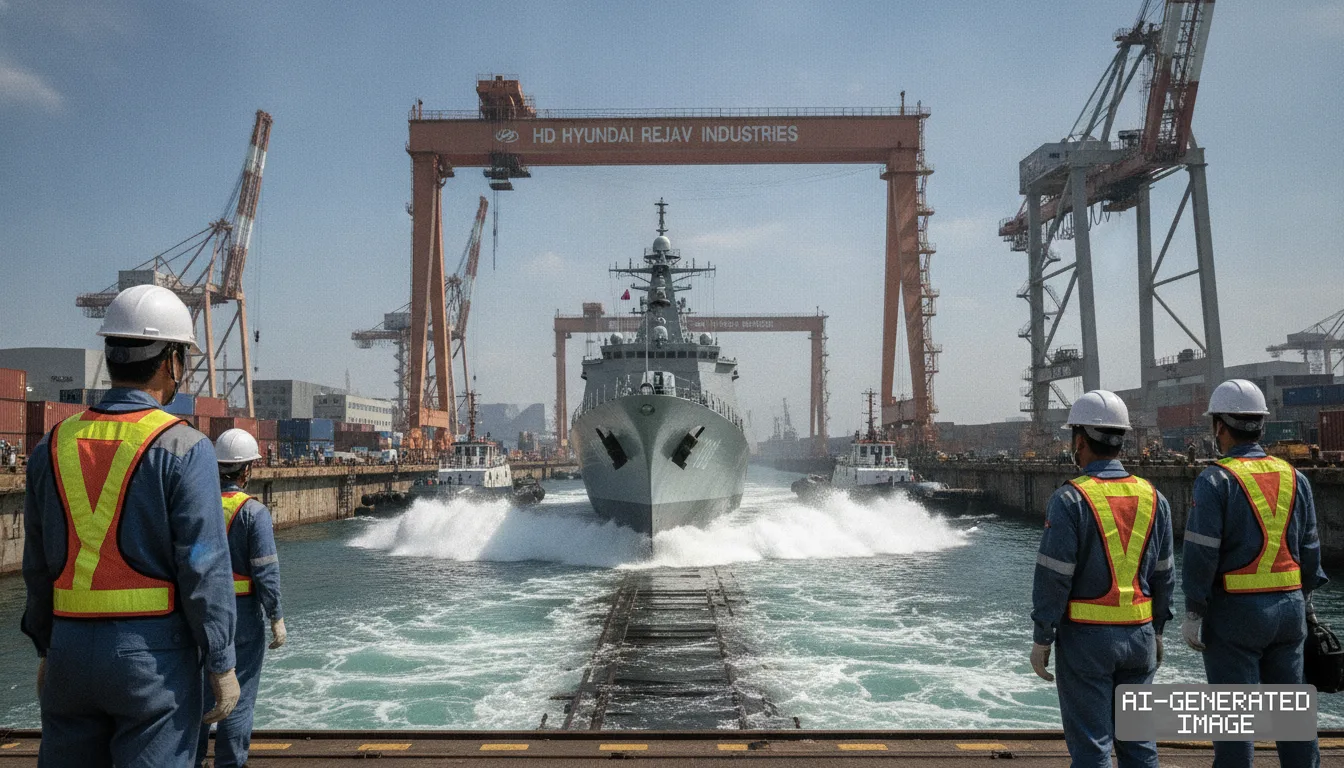 Shipyard workers watch as a newly built patrol vessel moves into the water at an HD Hyundai shipyard. (AI-generated image)
