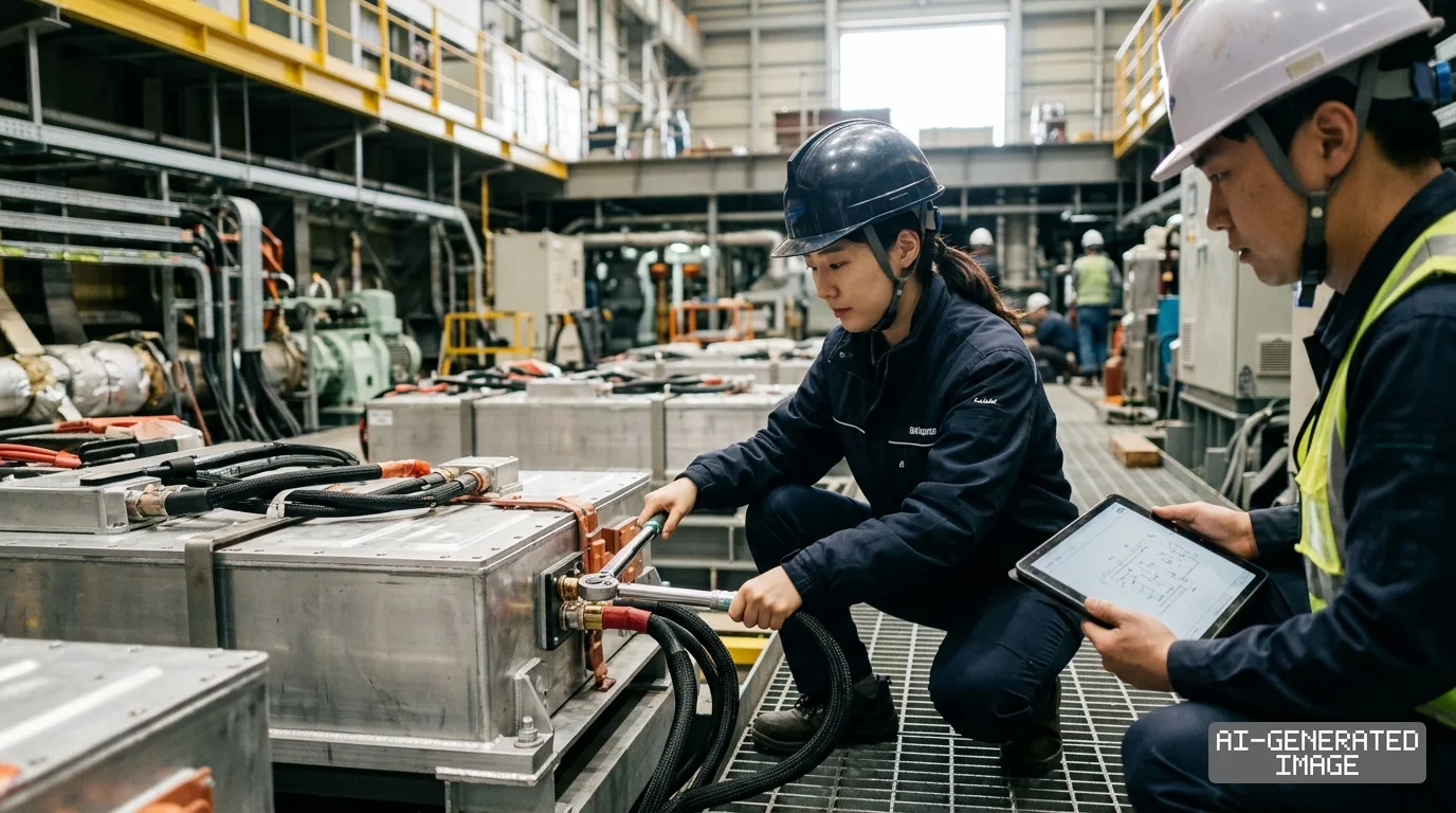 Engineers inspect maritime battery system modules with a wrench and a digital tablet inside a shipyard facility. (AI-generated image)