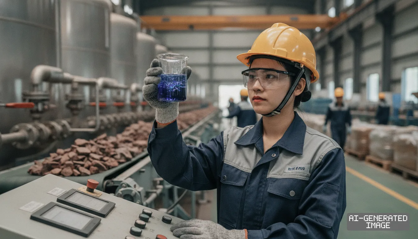 A factory worker wearing a hard hat examines a beaker of liquid beside a conveyor belt carrying raw minerals. (AI-generated image)