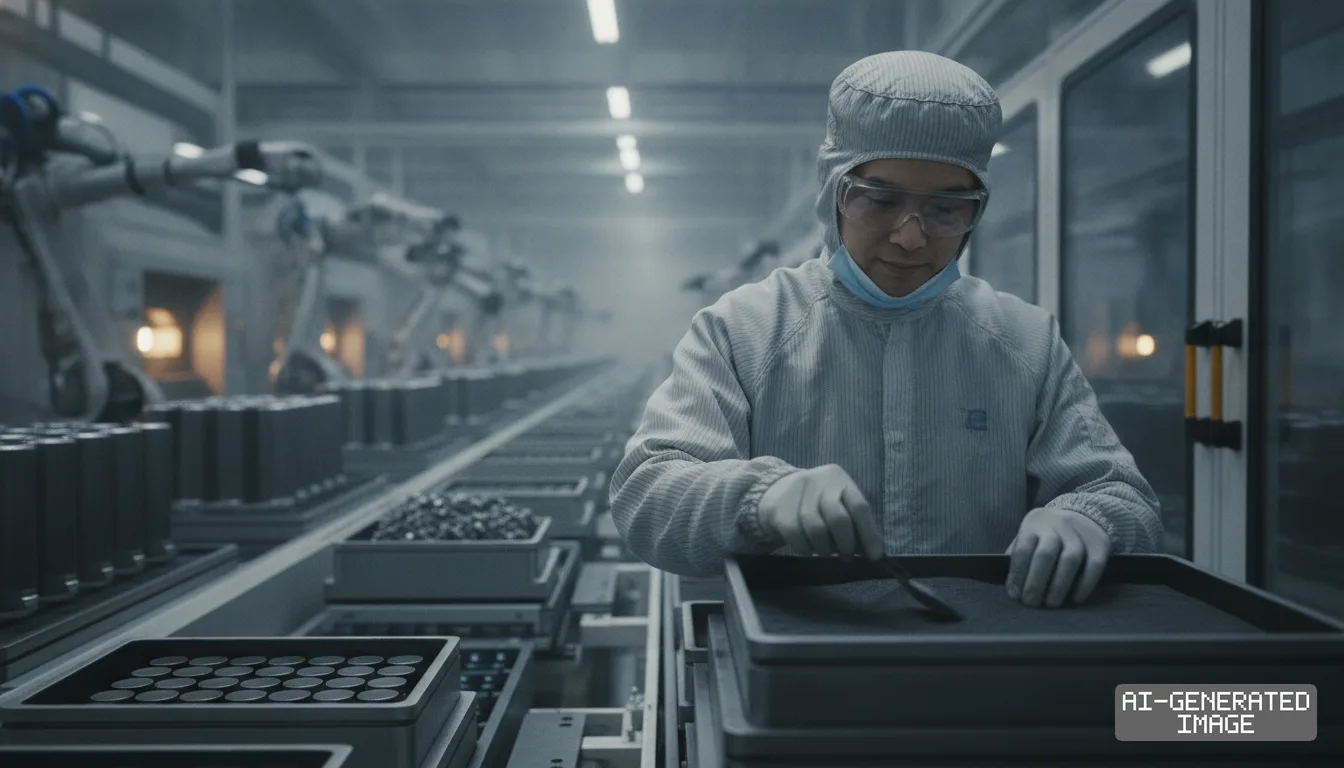 A worker in protective clothing examines dark powder in a tray along an automated production line for electric-vehicle batteries. (AI-generated image)