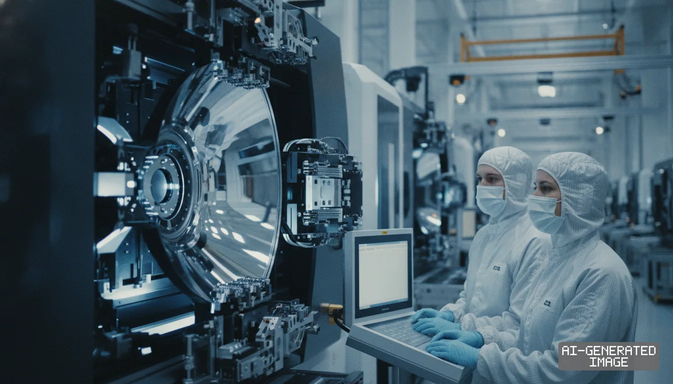Workers in protective cleanroom suits operate a console beside advanced semiconductor lithography equipment. (AI-generated image)