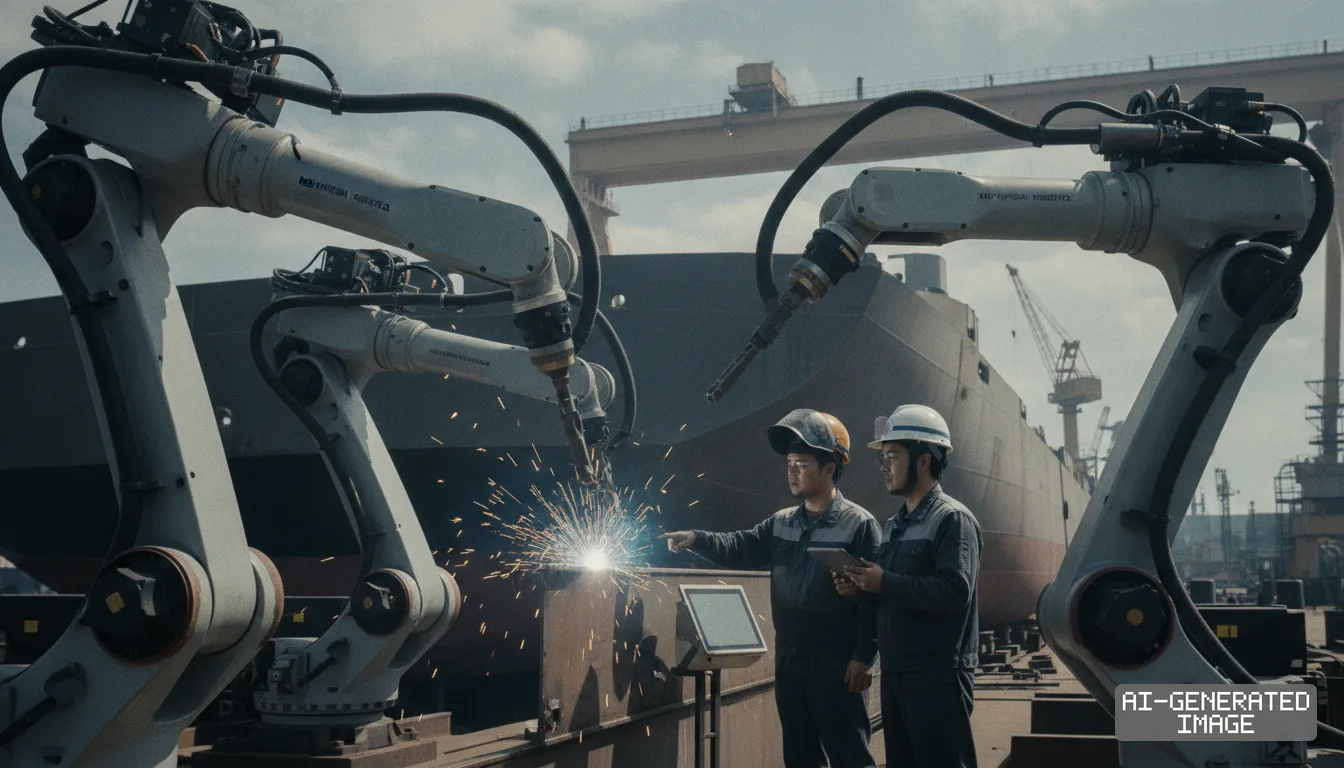 Automated robotic arms weld steel components as shipyard workers monitor the operation beside a large vessel. (AI-generated image)