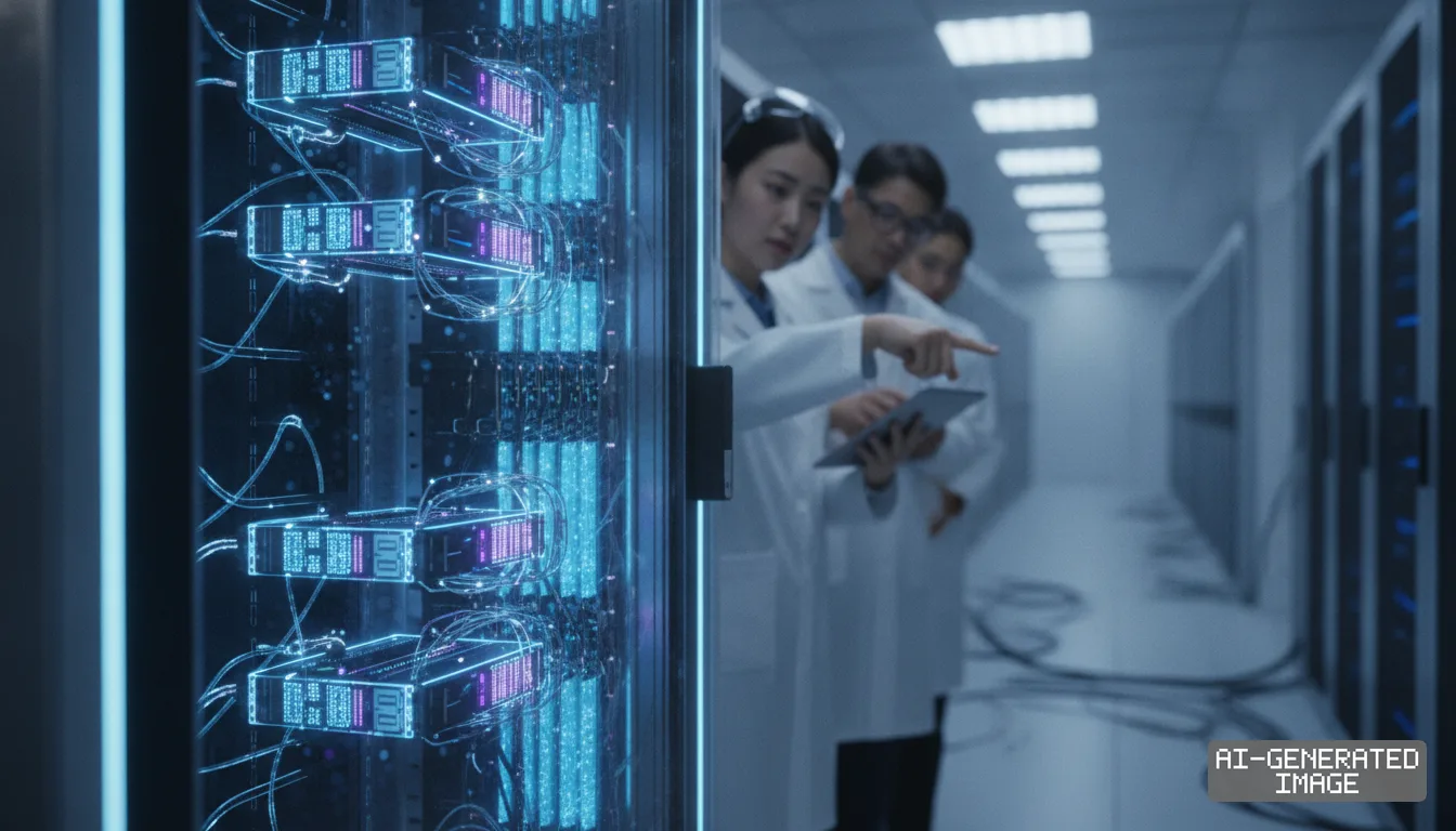 Engineers in lab coats inspect illuminated server racks inside a data center while reviewing AI memory hardware systems. (AI-generated image)