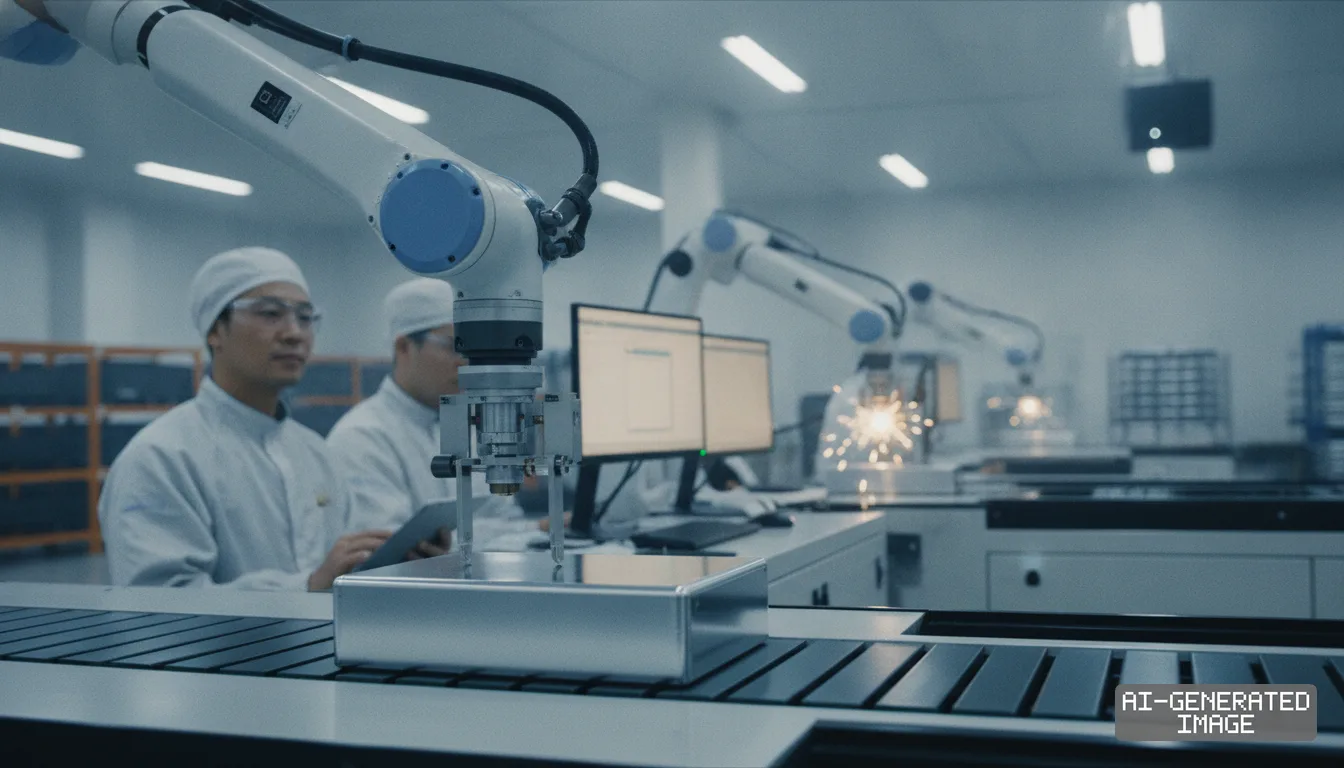 Technicians monitor robotic arms assembling battery cell casings along an automated production line. (AI-generated image)