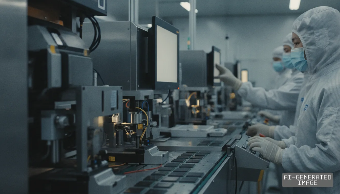 Workers in cleanroom suits and masks operate automated equipment on an integrated circuit production line. (AI-generated image)