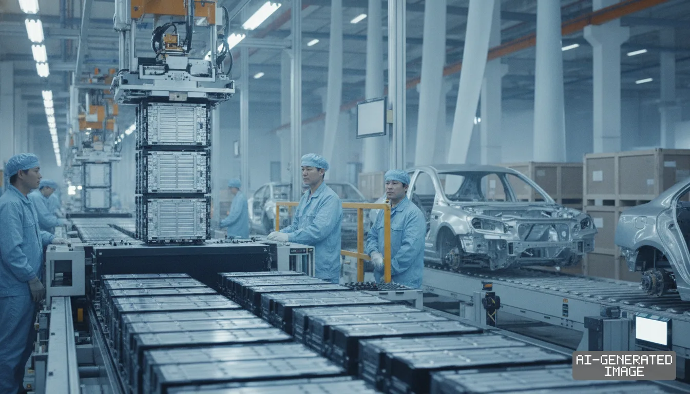Workers monitor an automated assembly line producing battery packs and electric vehicle bodies inside a manufacturing facility. (AI-generated image)