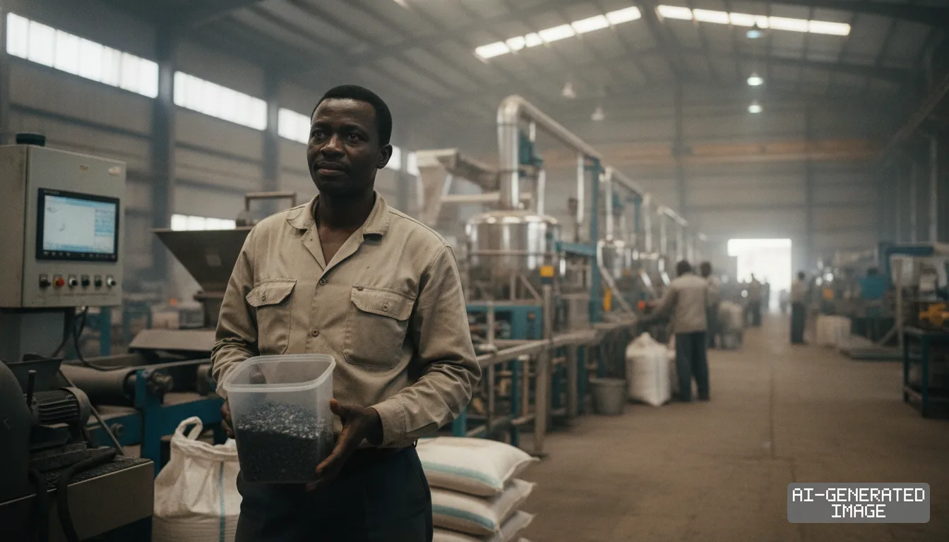 A worker holds a container of graphite material inside an industrial mineral processing facility. (AI-generated image)