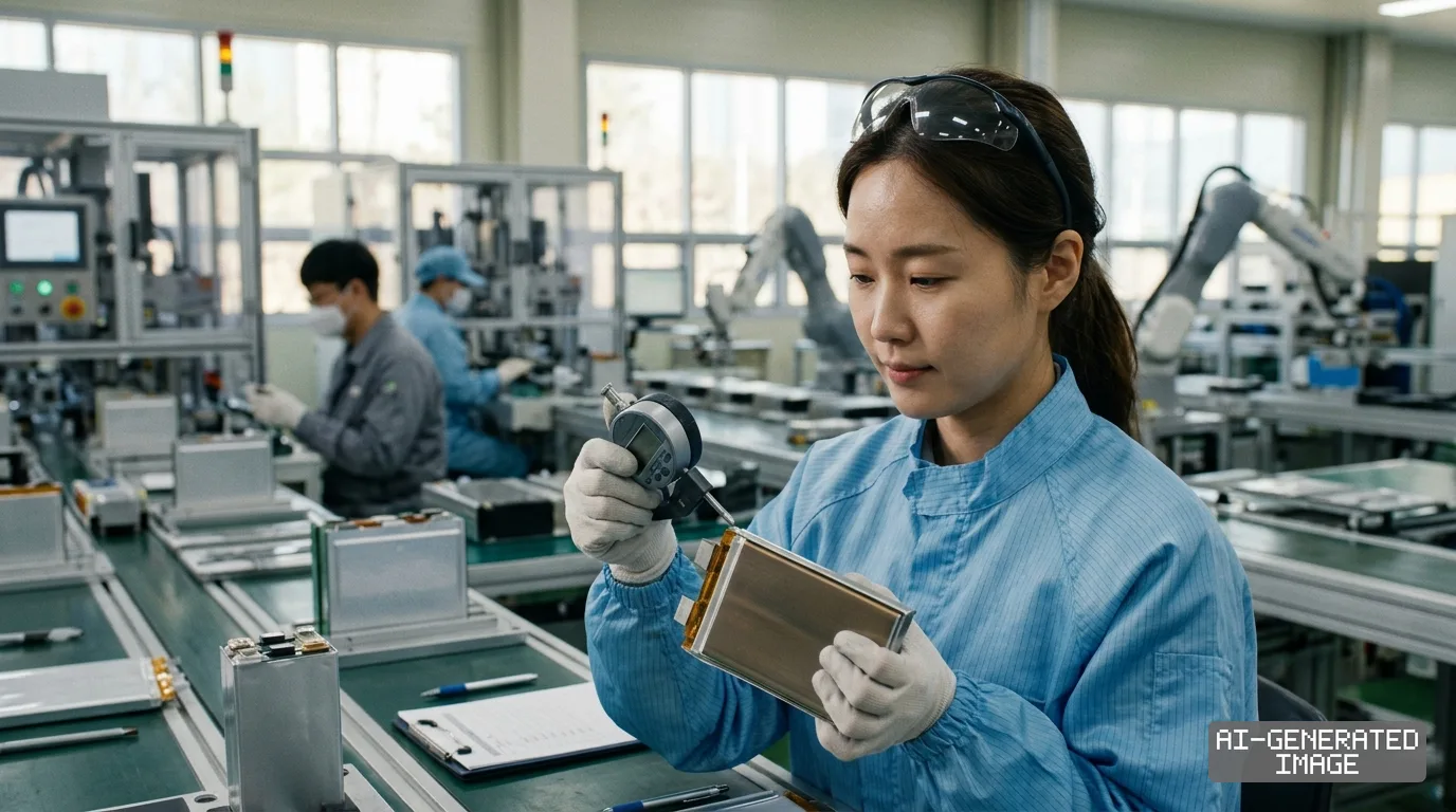 A worker inspects a battery cell with a digital gauge along a production line inside a manufacturing facility. (AI-generated image)