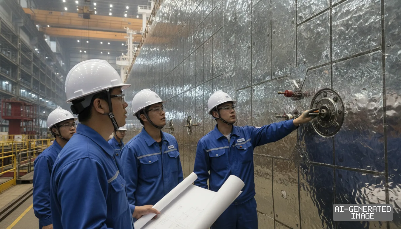 Engineers in hard hats review blueprints and inspect a membrane cargo tank during liquefied natural gas carrier construction. (AI-generated image)