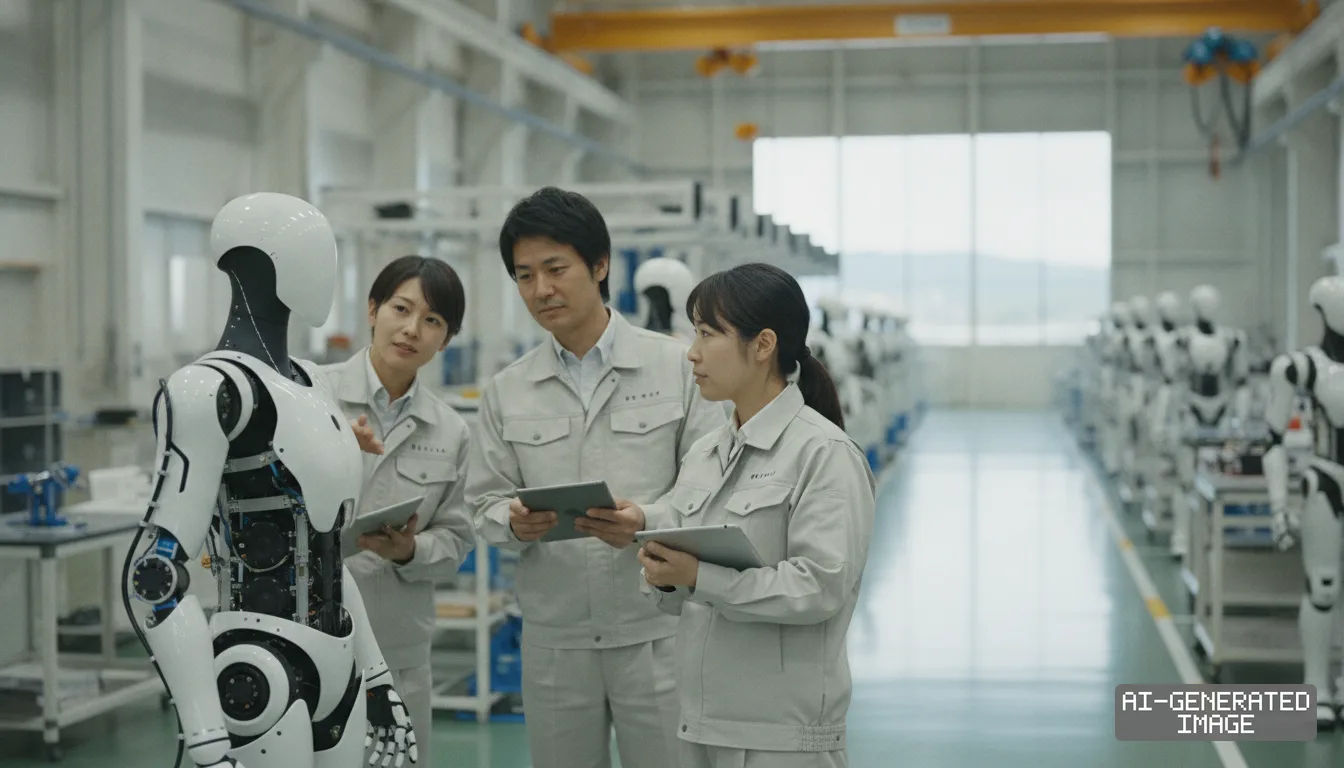 Engineers holding digital tablets examine an industrial humanoid robot inside a manufacturing facility. (AI-generated image)