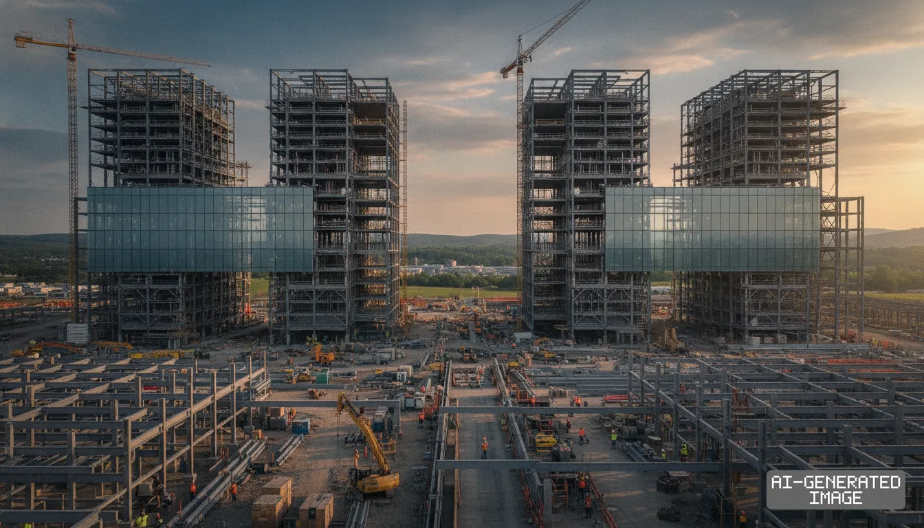 Cranes tower over the steel framework of new semiconductor manufacturing facilities under construction in Malta, New York. (AI-generated image)