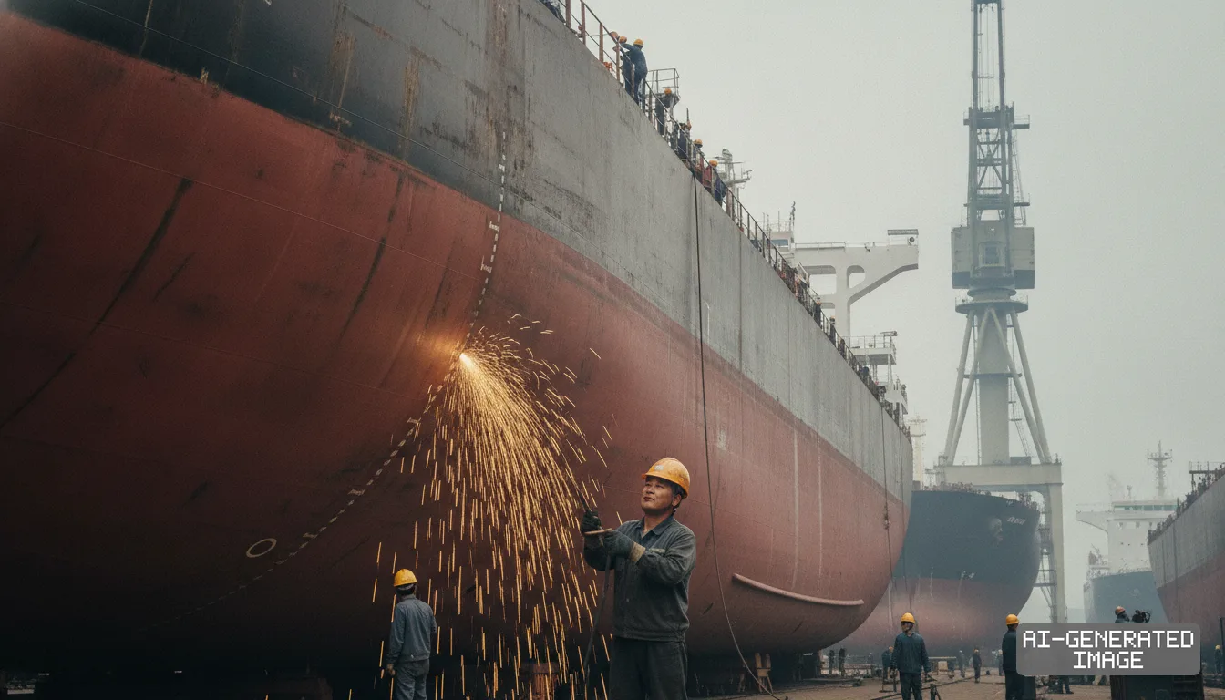Workers build a massive tanker hull at a busy shipyard amid rising global demand for crude carriers. (AI-generated image)
