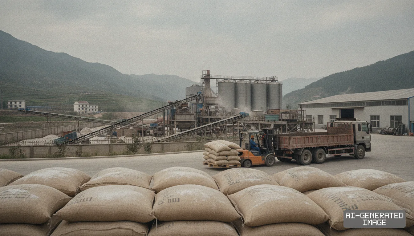 A forklift carries a pallet of sacks toward a cargo truck at an industrial mineral processing facility in China. (AI-generated image)