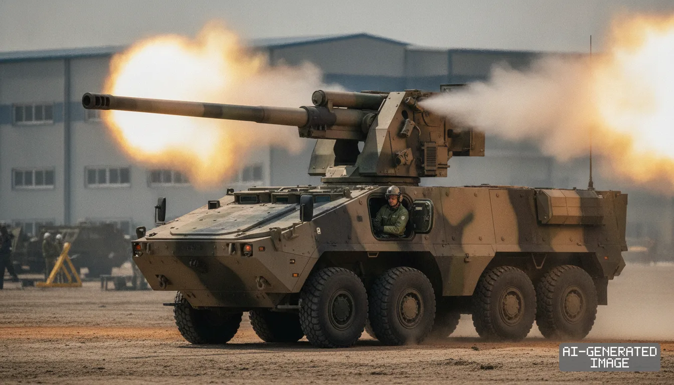 A wheeled 155-millimeter self-propelled howitzer prototype fires its gun, producing a bright flash and heavy smoke. (AI-generated image)