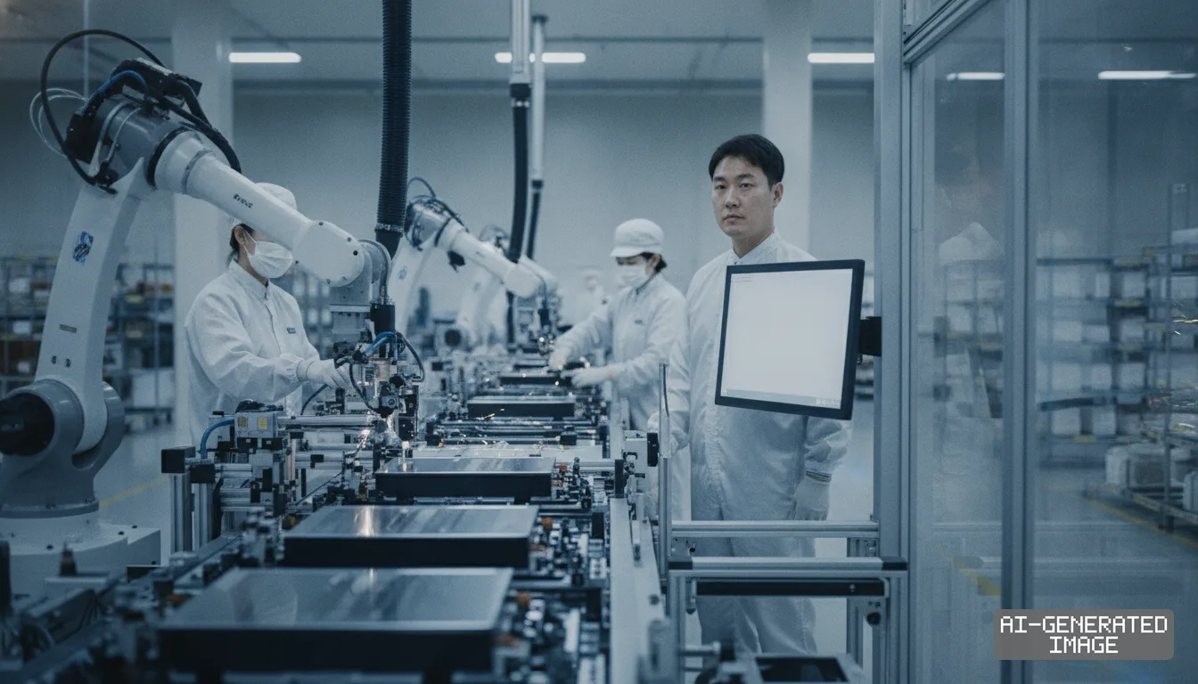 Technicians in cleanroom suits monitor automated robotic arms operating along a battery manufacturing line. (AI-generated image)