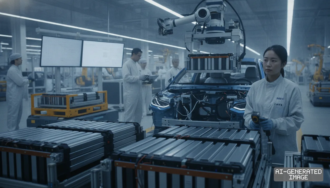 A worker in a CATL uniform monitors battery packs beside an electric vehicle assembly line inside a manufacturing plant. (AI-generated image)