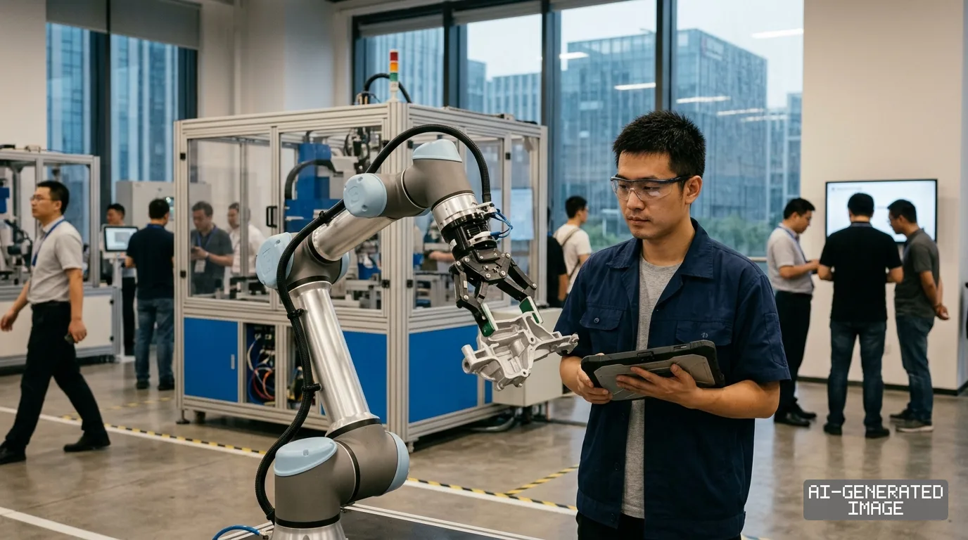 An engineer holds a tablet beside a robotic arm gripping a metal component during a robotics technology event in Shanghai. (AI-generated image)