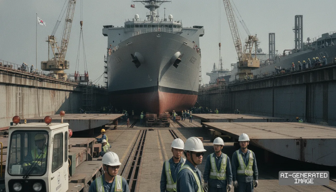 Shipyard workers gather in a drydock before a large naval vessel docked for maintenance at a South Korean shipyard. (AI-generated image)