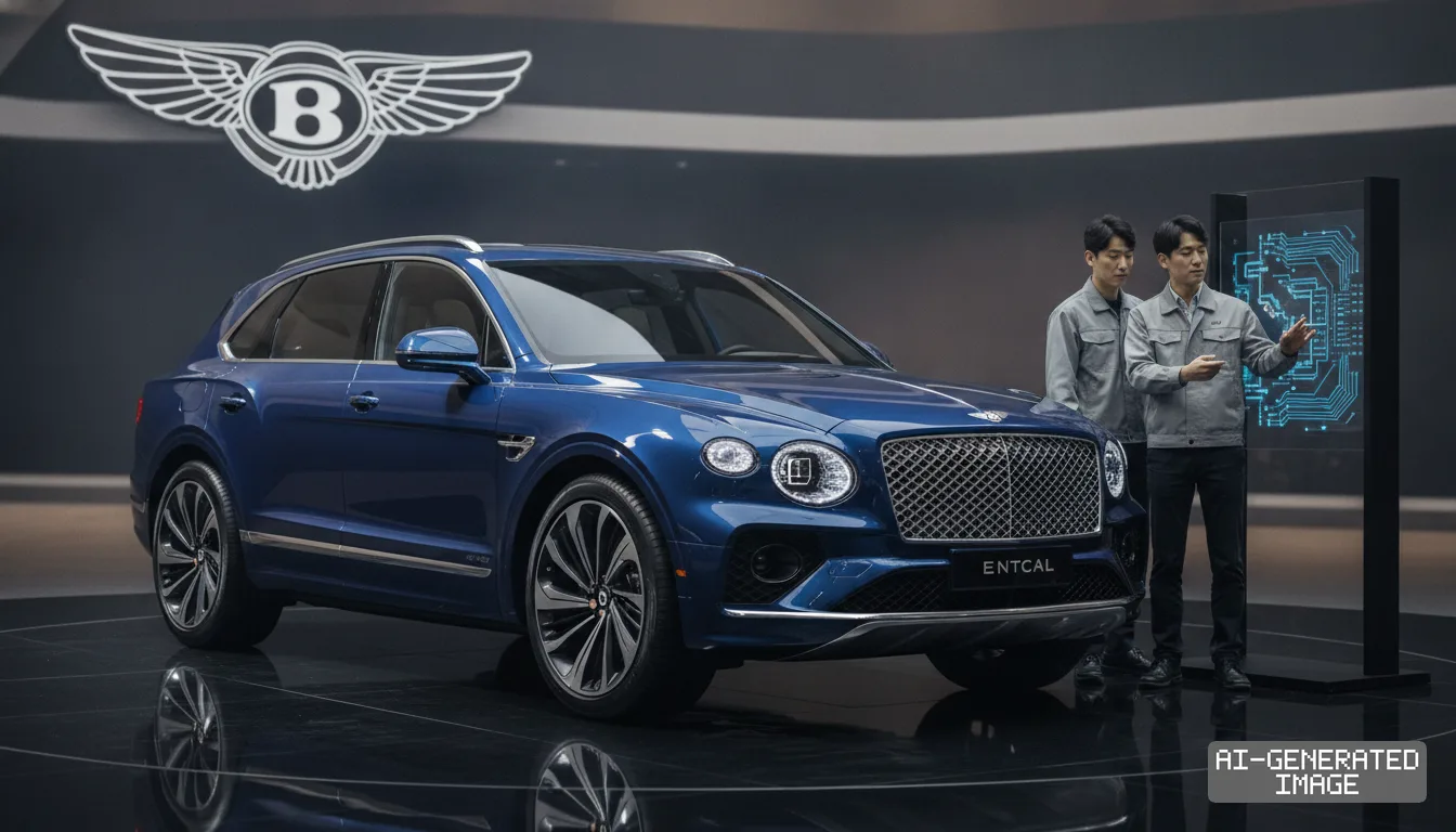 Two men stand beside a blue Bentley electric SUV and a transparent digital display showing a circuit pattern. (AI-generated image)