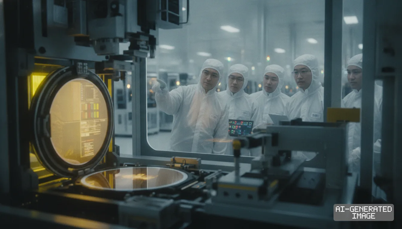 Technicians in cleanroom suits inspect silicon wafer processing equipment inside an advanced semiconductor manufacturing facility. (AI-generated image)