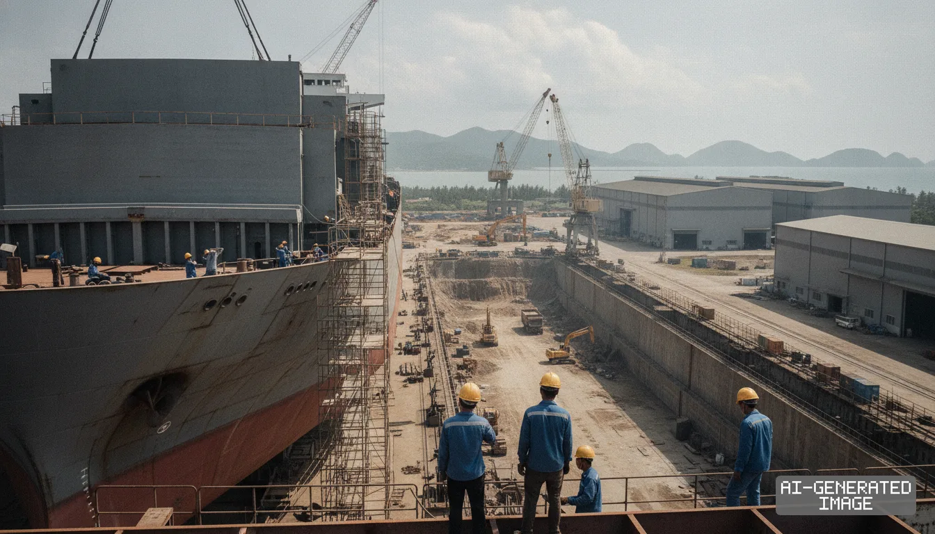 Workers in hard hats overlook a dry dock construction site beside a large vessel being built at a coastal shipyard. (AI-generated image)