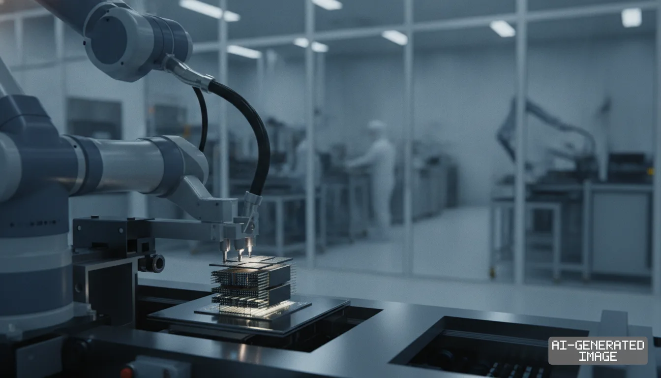 A robotic arm works on stacked semiconductor chips inside a cleanroom facility during advanced packaging. (AI-generated image)