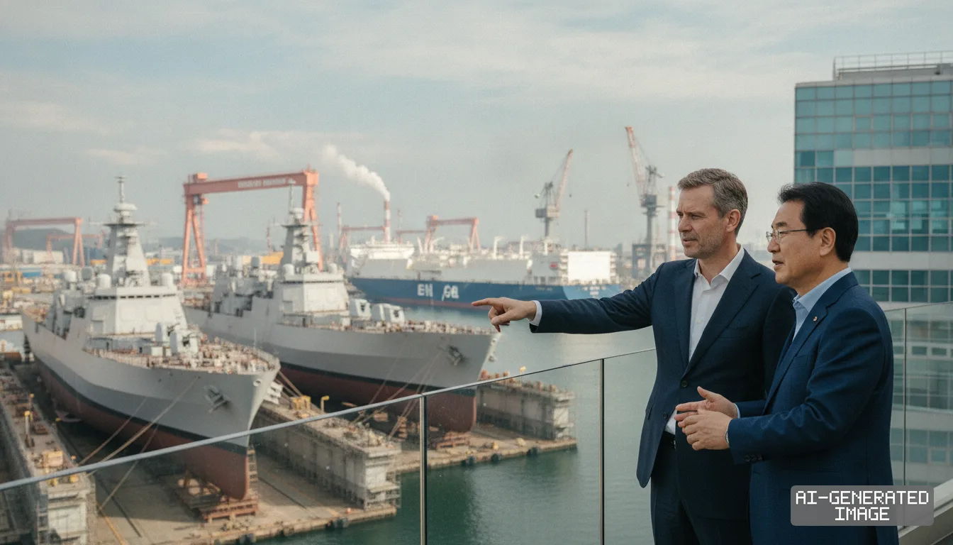 Two men in suits stand on a terrace overlooking naval warships docked at an industrial shipyard in Ulsan. (AI-generated image)