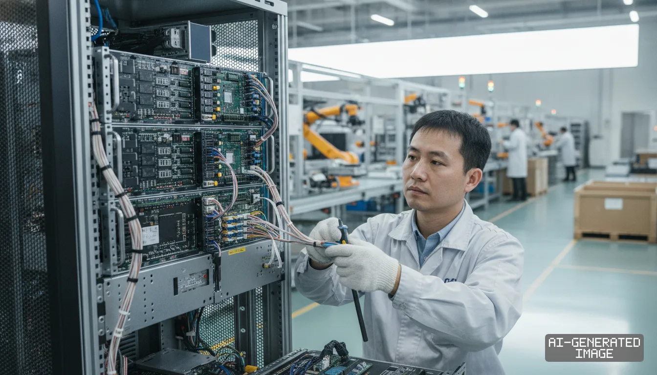 A technician connects wiring in an advanced electronic hardware rack inside a modern manufacturing plant. (AI-generated image)