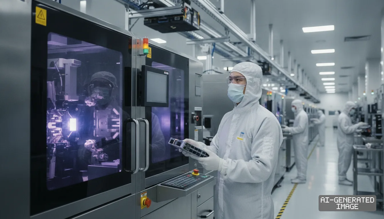 A technician in a cleanroom suit monitors automated equipment along an advanced semiconductor production line. (AI-generated image)