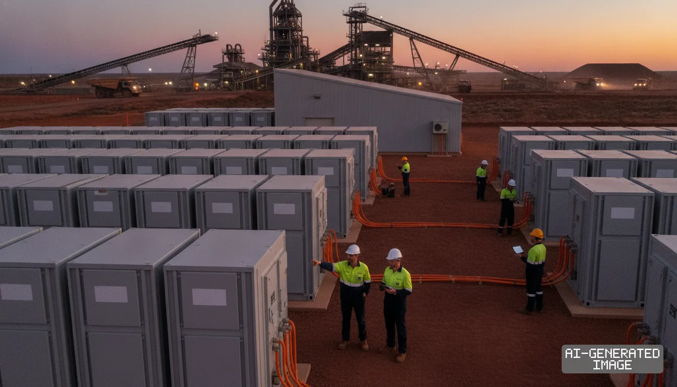 Workers inspect rows of battery storage containers at an iron ore mining facility in Western Australia. (AI-generated image)