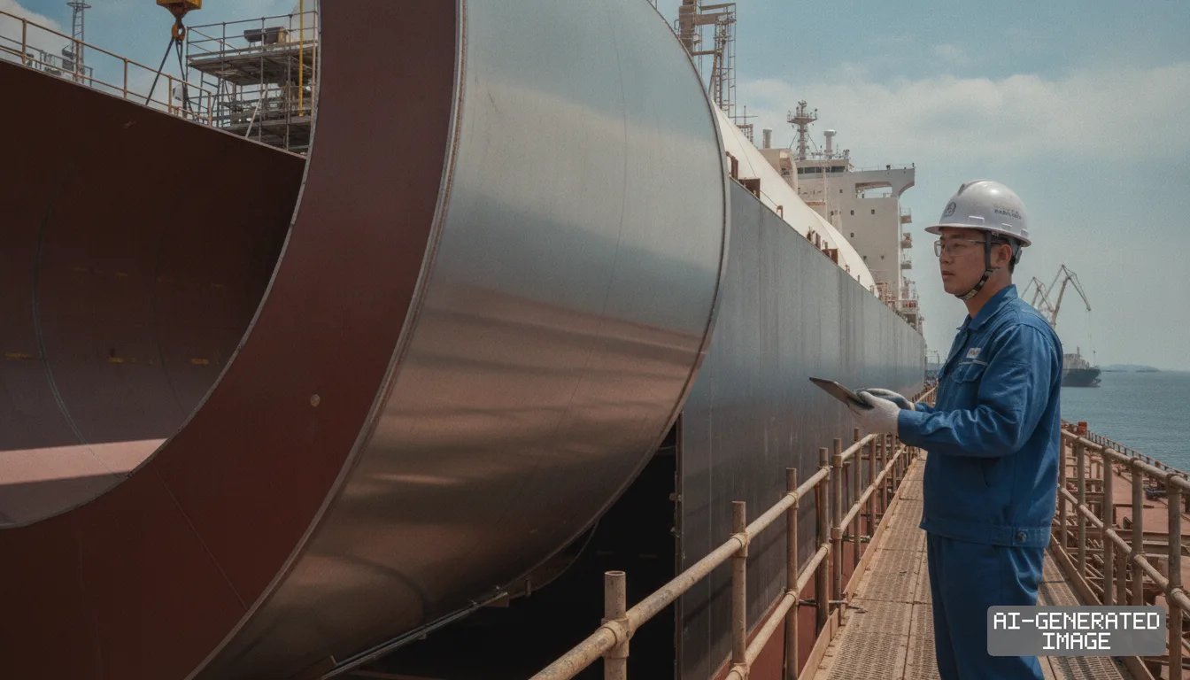A shipyard engineer holding a tablet inspects a large curved steel containment section of a vessel under construction. (AI-generated image)