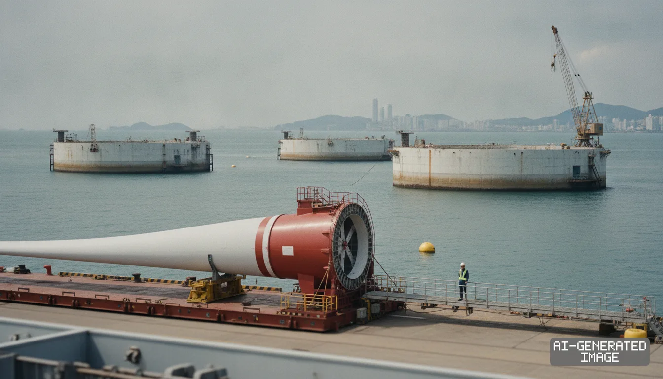 A worker stands near a large wind turbine component at a South Korean port as floating offshore foundations rest in the water nearby. (AI-generated image)