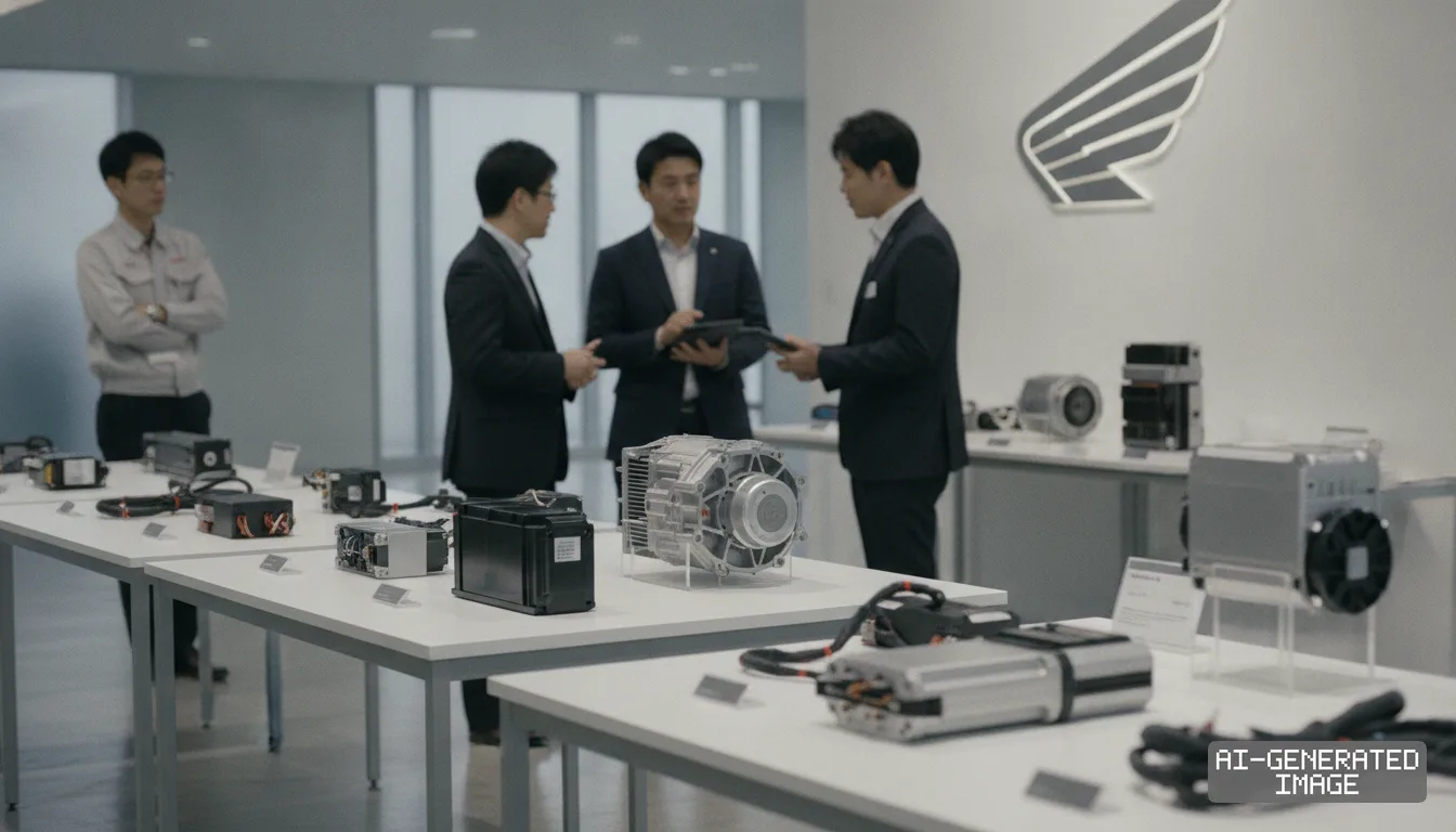 Attendees discuss electric vehicle components displayed on tables during a supplier showcase at a Honda research facility. (AI-generated image)