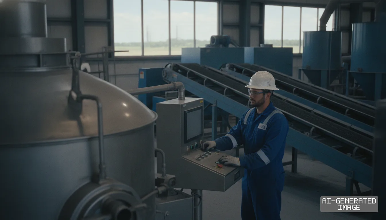 A worker in protective gear operates a control console beside conveyor belts inside an industrial processing facility. (AI-generated image)